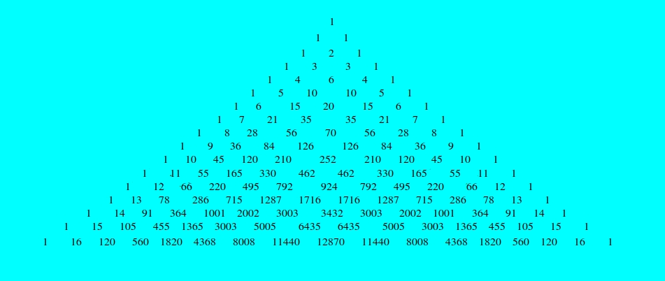 Pascal's Triangle, rows one to 16