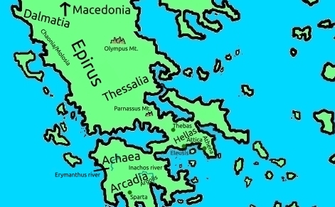 map of locations of regions, geographical features, and cities mentioned. At the top there is Macedonia, which continues outside the range of our investigation. In it lies Mt. Olympus. To the west of Macedonia is Dalmatia, followed by Epirus. Within Epirus is a region called Chaonia, or, Molosia. Then, to Epirus's south-east, and Macedonia's south, lies Thessaly. There are the Parnassus mountains, and to it's east we enter through a somewhat narrow passage Hellas, where the city of Thebes will be our first encounter. After that, in the center-west, nearing the border with another two regions called Achaea and Arcadia, there is the town of Eleusis, home to the Eleusinian mysteries, and further west lies Attica, home to the city of Athens, formerly known as Cecropia. Moving even deeper, there are the two regions of Achaea, where the Erymanthos river lies, and Arcadia, home to Sparta and the Inachos river. A sub-region of Arcadia that is well-known is Argolis.