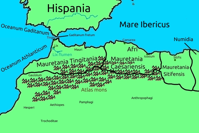 map of Mauretania (modern central and northern Morroco, and western Algeria) and Western Aethiopia, below.