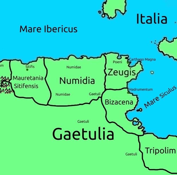 map of Numidia, Cartaginis and Bizacena - modern Eastern Algeria and Tunisia.